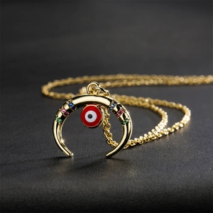 18K gold plated crescent moon necklace with colorful zircon and red evil eye charm