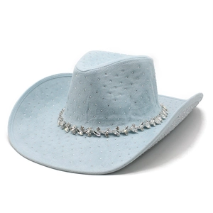 Light blue faux suede western cowboy hat with rhinestone trim and wide brim detail
