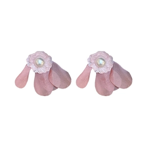 Pink fabric flower stud earrings with pearl centers and silver needle, minimalist style