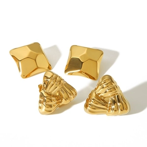 Detailed view of square and triangular 18k gold-plated stainless steel stud earrings