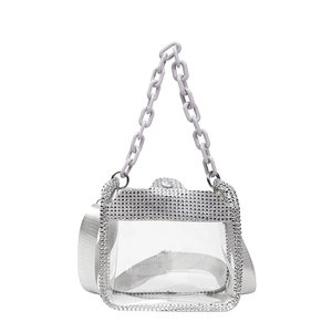 Transparent PVC fashion shoulder bag with chic rhinestone trim and purple chain handle.