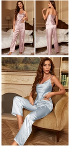 Detail of satin pajama set with spaghetti strap camisole top and elastic waist pants