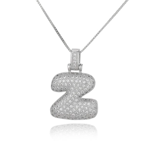 Close-up of silver letter Z pendant with micro-paved zircons on a box chain