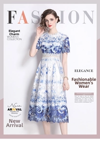 Detail view of hollow out water-soluble lace fabric with blue floral print on midi dress
