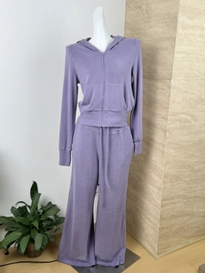 Detail of purple cropped zip-up hoodie and wide-leg sweatpants on a mannequin