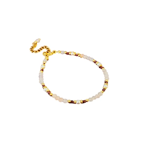 18K gold plated bracelet featuring elegant white pearls and deep red crystal beads