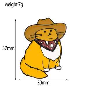 Detail showing the 37mm x 30mm dimensions and 7g weight of the cowboy cat enamel pin