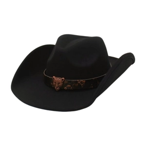 Western Cowboy Hat Vintage Wide Brim Felt With Leopard Print Band And Metal Leopard Head Buckle For Men Women