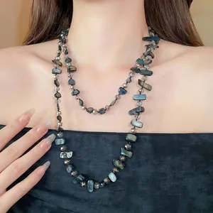 Double-layer irregular shell and crystal beaded long necklace with dark iridescent finish