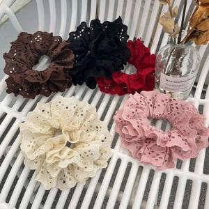 Women Large Lace Scrunchie Handmade Eyelet Embroidery Hollow Out Hair Ties High Elastic Fabric Hair Rope Vintage Style