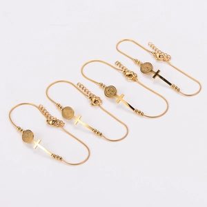 Minimalist gold stainless steel snake chain bracelet with cross and medal charms set