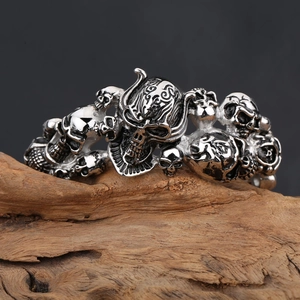 Gothic skull bracelet in polished silver titanium steel for men with punk style design