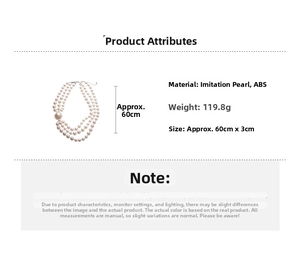Detailed specs of three-layer imitation pearl necklace measuring 60cm length and 3cm width