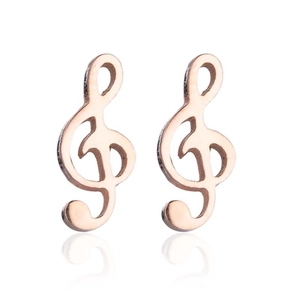 Minimalist rose gold stainless steel treble clef stud earrings for women with reflection