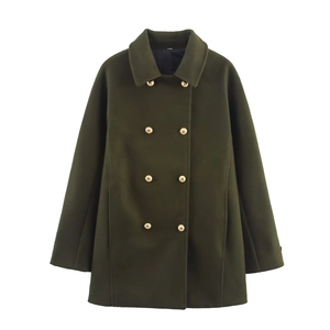 Classic double-breasted olive green wool coat with metal buttons on white background