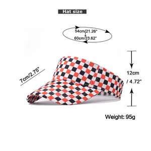 Detailed size chart for checkerboard sun visor hat showing head circumference and brim length