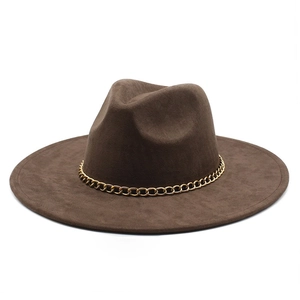 Classic dark brown wide brim fedora hat with elegant gold chain link band decoration