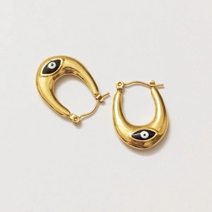 Golden U-shaped stainless steel earrings with black evil eye enamel detail
