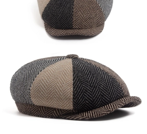 Close-up of vintage multi-color herringbone newsboy cap with premium tweed patchwork texture