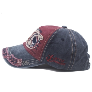 Detail of shark embroidery and vintage washed denim texture on baseball cap