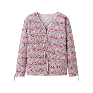 Vintage floral quilted jacket for women featuring pink rose patterns and front tie closure