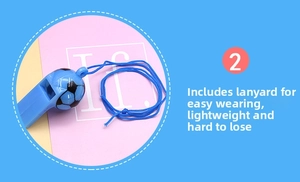Blue soccer whistle with matching lanyard and realistic black ball pattern detail