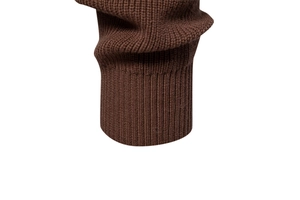 Close-up of ribbed cuffs on a dark brown knit sweater with premium texture detail