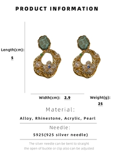 Detail showing vintage gold flower earrings with green stones and S925 silver needle