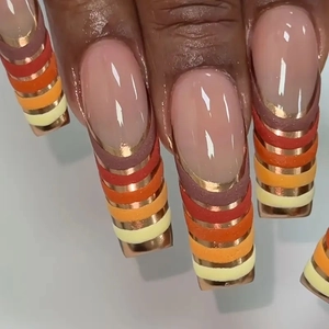 Long Square Press On Nails French Style Multi Color Gradient Stripe Gold Metal Line Nude Pink False Nails For Women