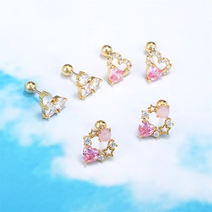 Pink heart and star stud earrings in gold finish with crystal and cat eye stone details