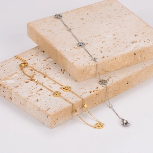 Gold and silver tree of life anklets with small beads on minimalist stainless steel chain