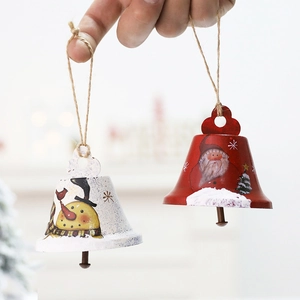 Hand-painted Christmas iron bells with Santa and Snowman patterns on jute rope hangers