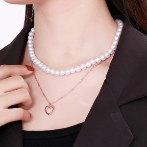 Double Layer Artificial Pearl Necklace Stainless Steel Hollow Heart Pendant Elegant Minimalist Style For Women