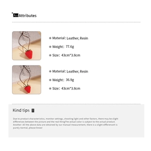 Detailed size and weight specs for the resin strawberry pendant necklace with leather cord