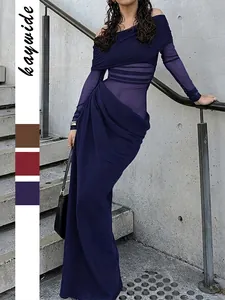 Women Elegant Off-Shoulder Long Sleeve Mesh Patchwork Maxi Dress Bodycon Pleated Solid Color Polyester Spandex