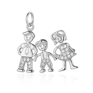 Macro shot of silver family pendant with parents and child featuring zircon accents