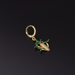 Golden carrot hoop earring with sparkling clear cubic zirconia and green leaf gemstones