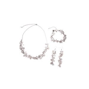 Silver teardrop tassel necklace and earring set with shimmering sequins on white background