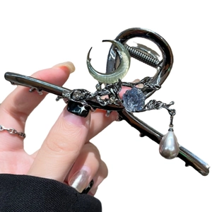 Elegant Chinese style metal hair claw with blue flower moon and pearl pendant detail