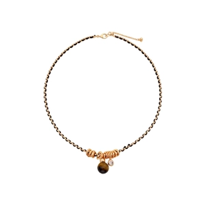 Tiger Eye Gourd Pendant Necklace with Gold-plated Rings and Black Woven Cord