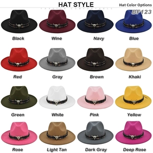 Detailed color chart of felt fedora hats with ethnic bands and bull head ornaments