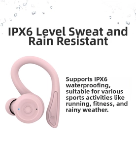 Pink ear-hook sports earbud with IPX6 waterproof rating and water droplet detail