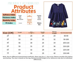 Detailed size chart for girls long sleeve floral dress with measurements from 2T to 7T