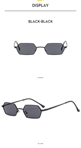 Detailed views showing black geometric hexagonal sunglasses with slim metal frames and lenses