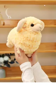 Close-up of cute plush lamb toy with spiral horns and fluffy sherpa fleece texture