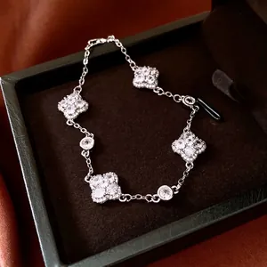Clover Charm Bracelet For Women Copper With Shiny Zircon Luxury Vintage Silver Plated Jewelry Gift