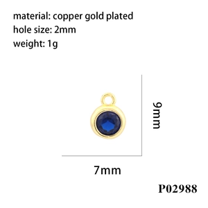 Detail of 9mm round blue zircon pendant in gold-plated copper with size and weight specs