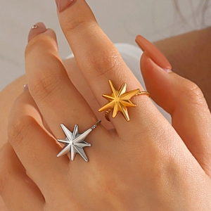 Anello Stella A Otto Punte Acciaio Inossidabile Placcato Oro 18K Stella Polare Regolabile Fascia Aperta Gioielli Donna