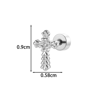 Gothic punk silver cross stud earring with relief texture and 0.9cm size measurement