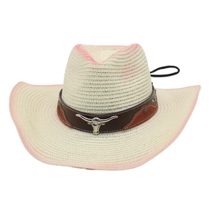 Chapeau de cowboy en paille bohème avec bord dégradé rose et emblème tête de taureau